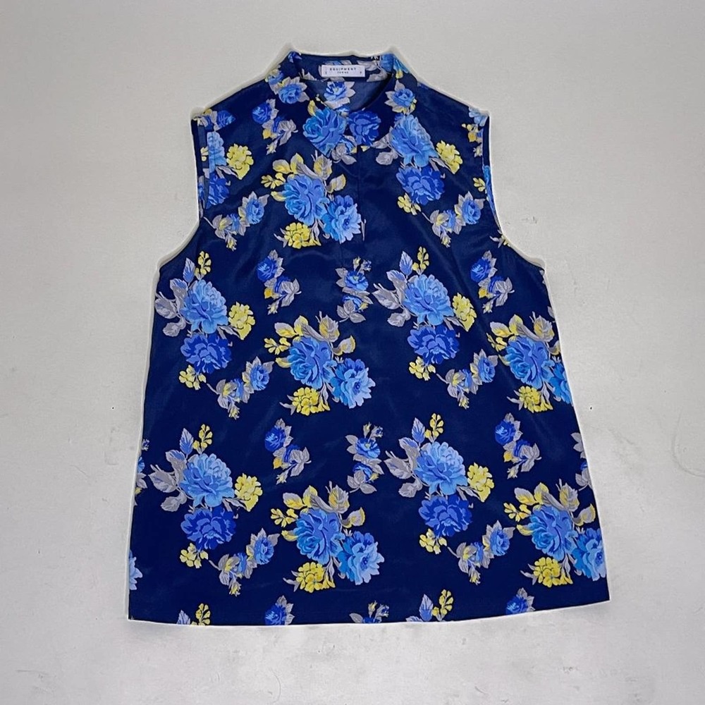 Equipment Blue Floral Sleeveless Collared Silk Blouse Size S cobalt